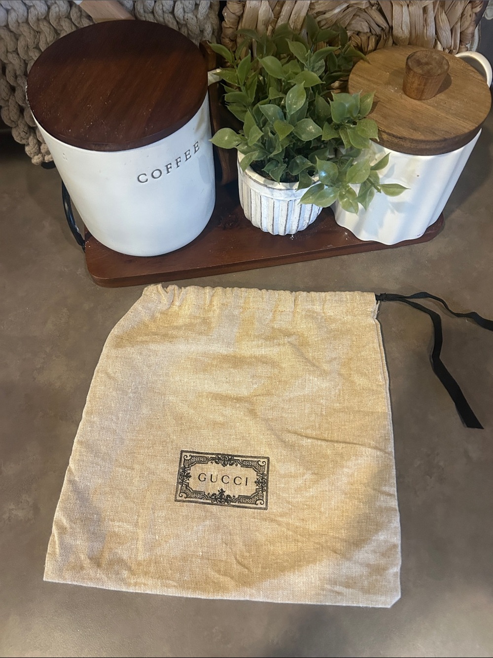 Gucci Beige Linen Drawstring Storage Bag with Black Cord